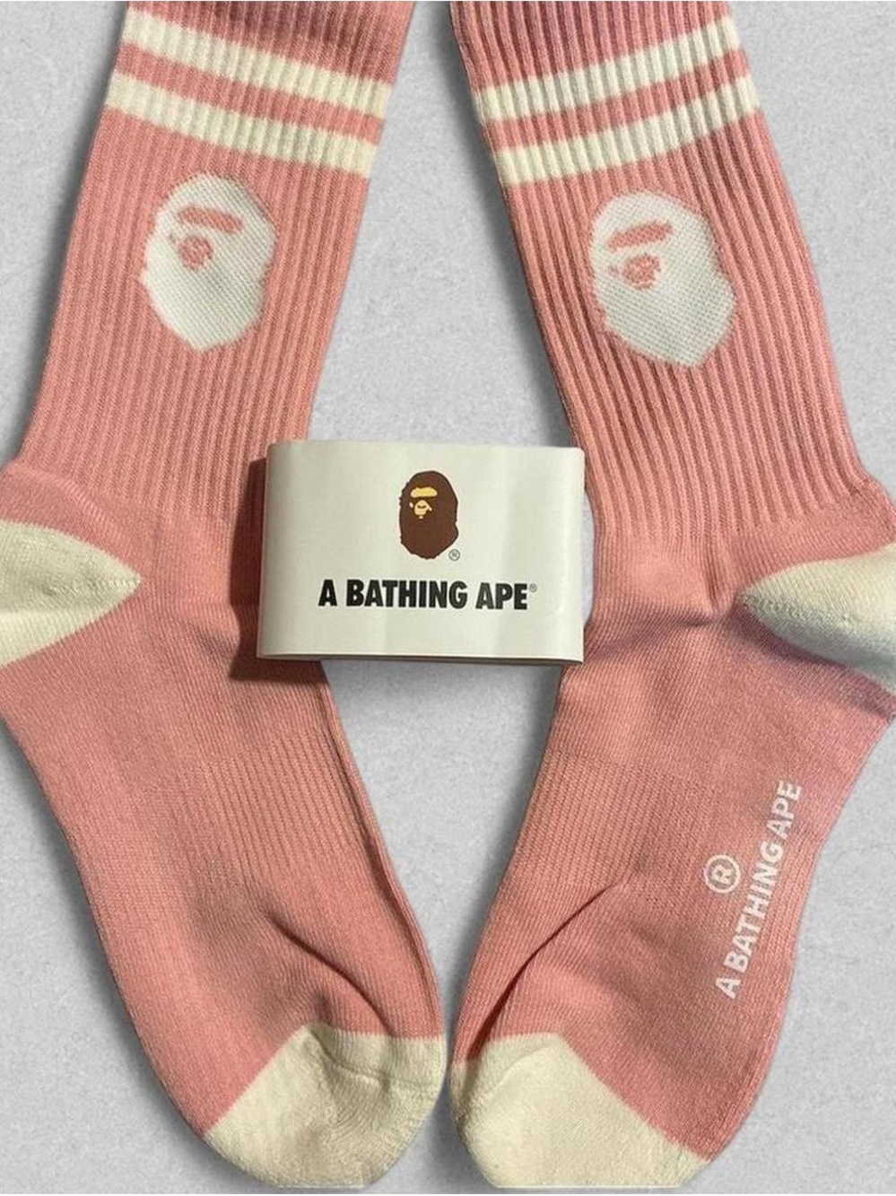 Bape Pink Crew Socks with White Ape Head